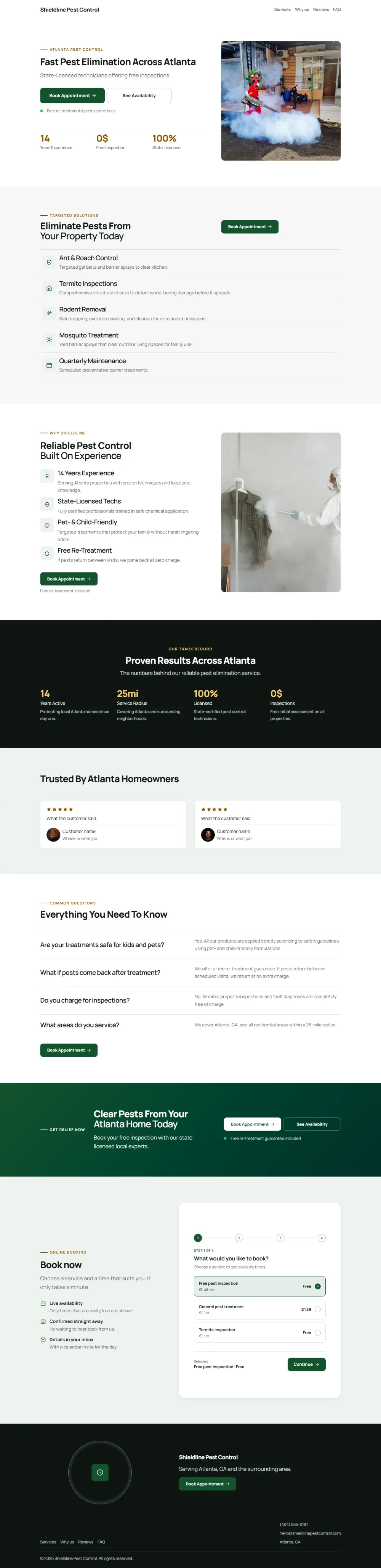 Professional pest control website template, the whole home page: clean and structured, with a photo beside the headline