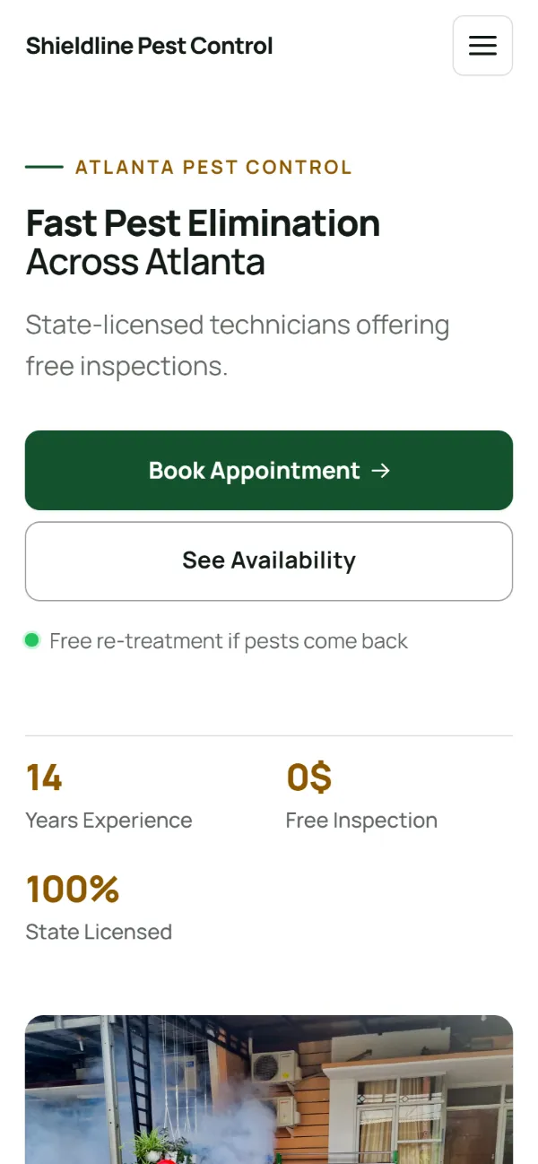 Professional pest control website template on a phone: clean and structured, with a photo beside the headline