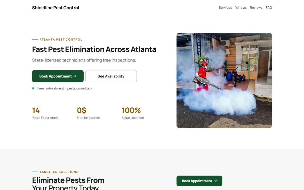 Professional pest control website template: clean and structured, with a photo beside the headline