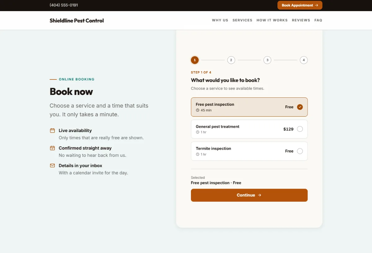 Online booking form on the Warm pest control website template: customers choose a service, then a free time