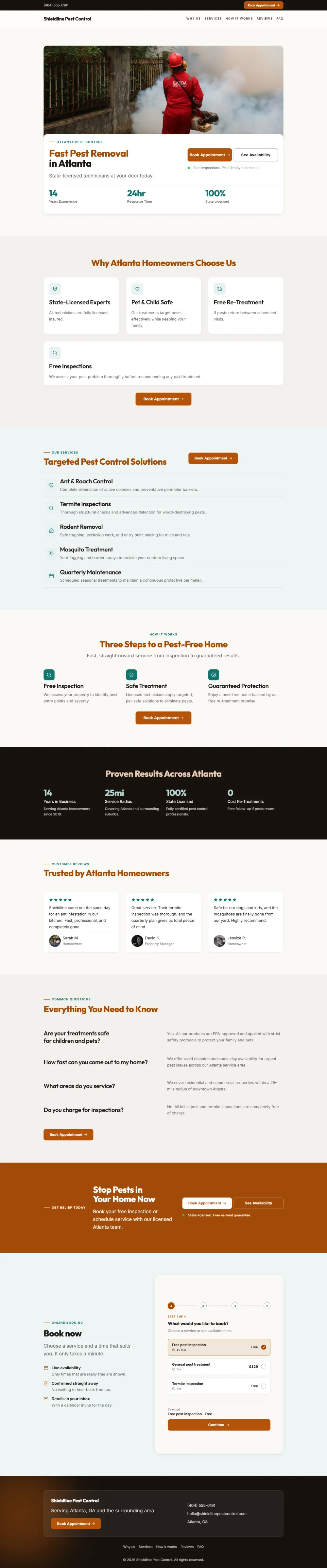 Warm pest control website template, the whole home page: soft cards and warm colours under a wide photo