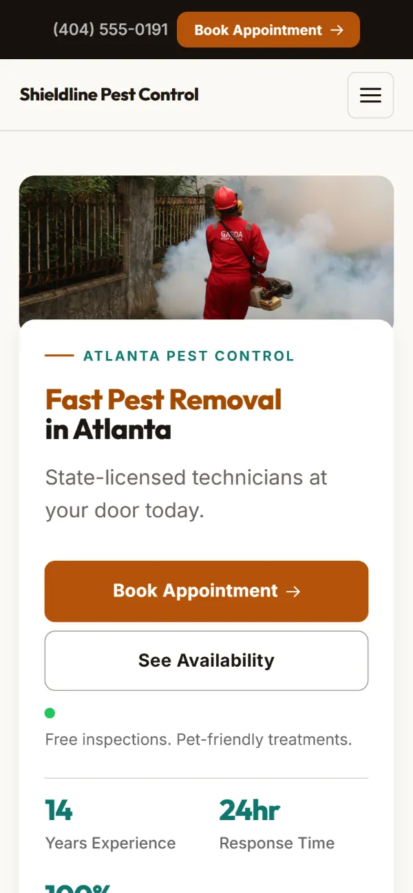 Warm pest control website template on a phone: soft cards and warm colours under a wide photo