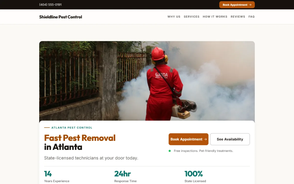 Warm pest control website template: soft cards and warm colours under a wide photo