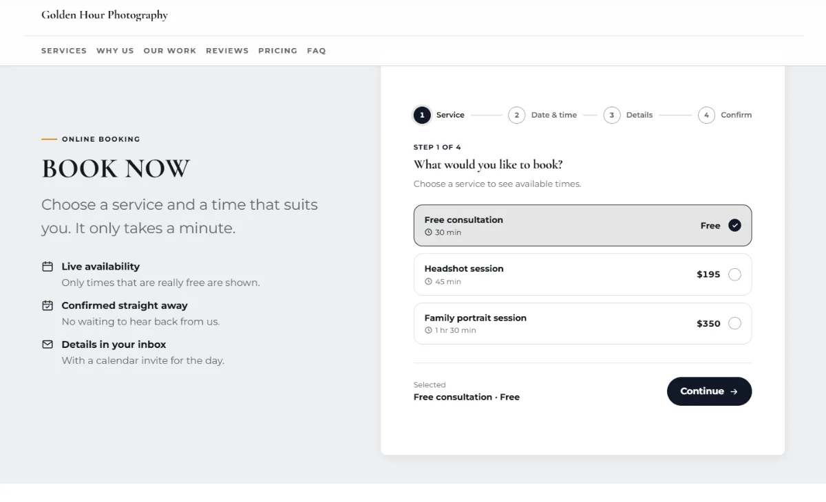 Online booking form on the Bold photography website template: customers choose a service, then a free time