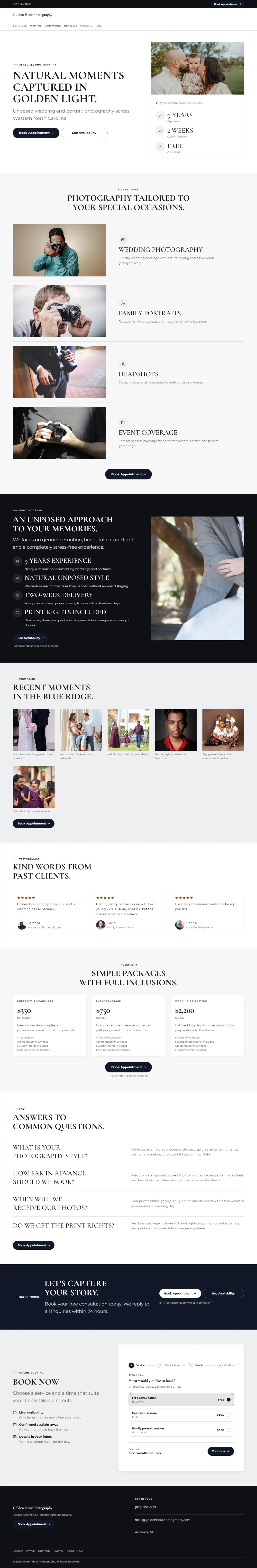 Bold photography website template, the whole home page: a dark first screen, big capital headlines and one loud accent colour