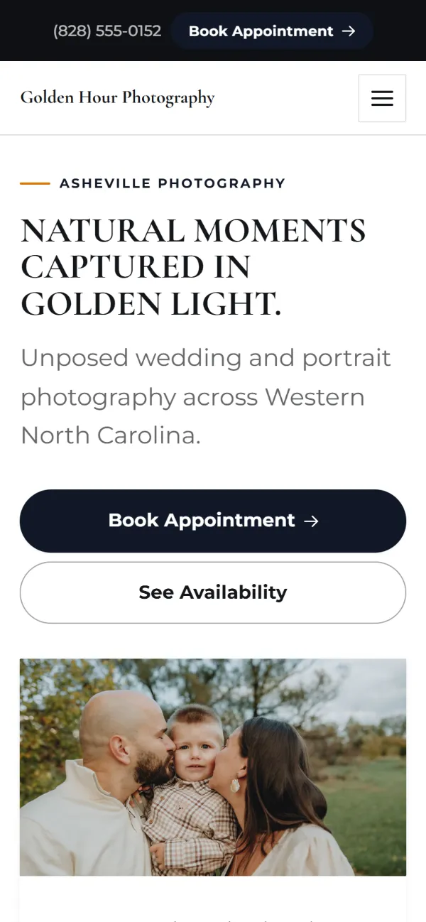 Bold photography website template on a phone: a dark first screen, big capital headlines and one loud accent colour