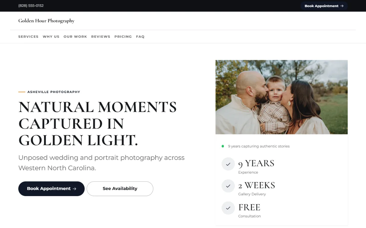 Bold photography website template: a dark first screen, big capital headlines and one loud accent colour