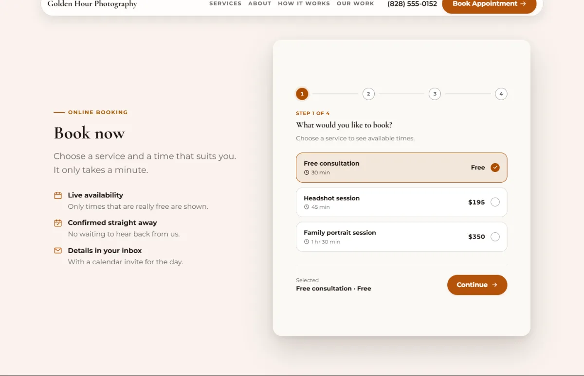 Online booking form on the Bright photography website template: customers choose a service, then a free time