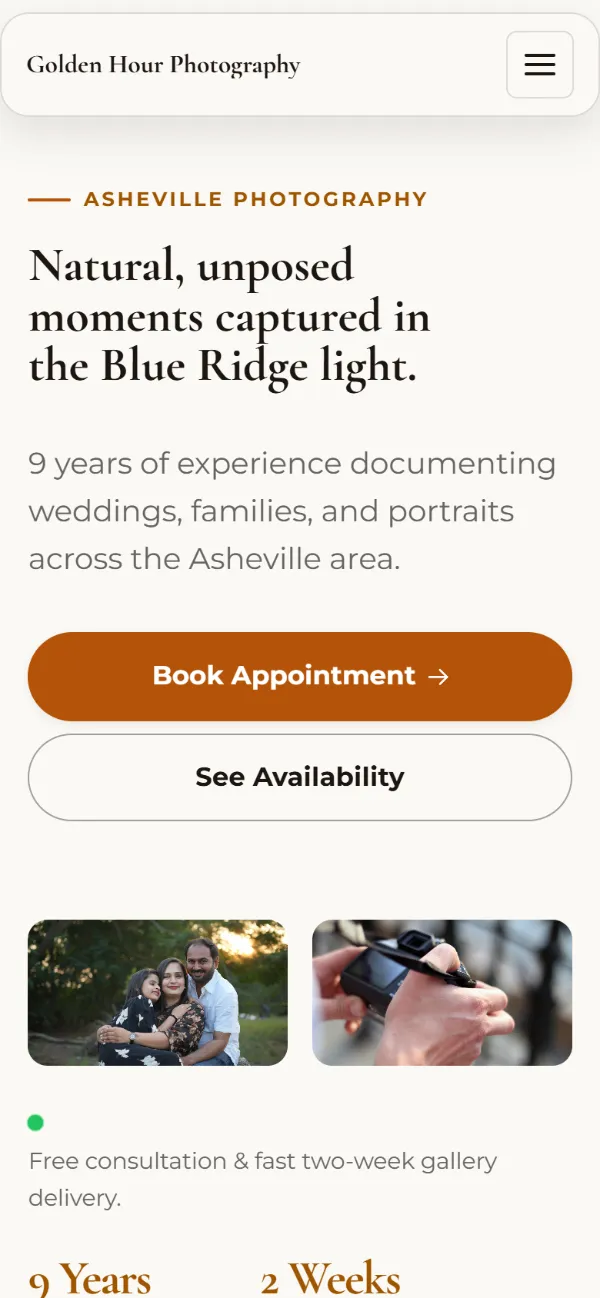 Bright photography website template on a phone: light and airy, with two photos under the headline