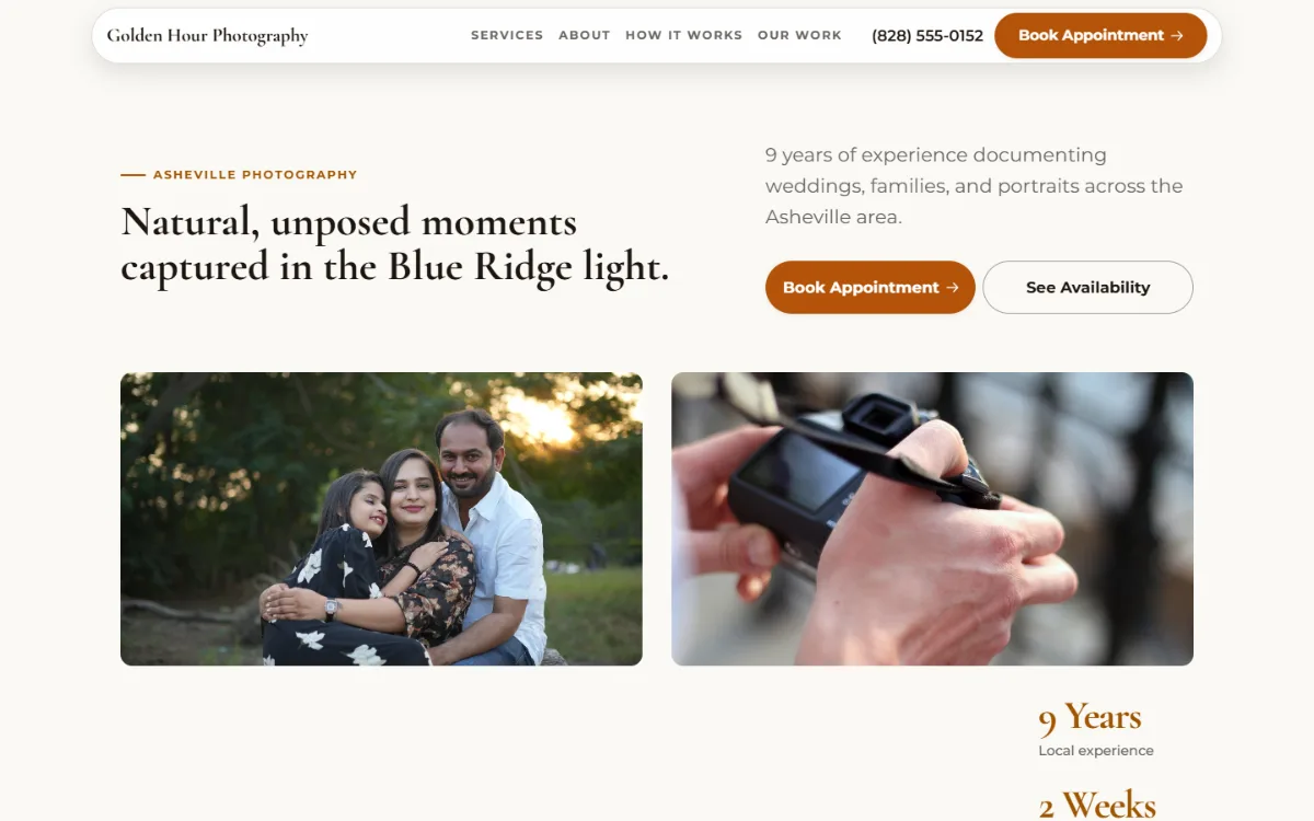 Bright photography website template: light and airy, with two photos under the headline