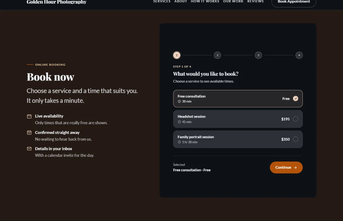 Online booking form on the Dark photography website template: customers choose a service, then a free time
