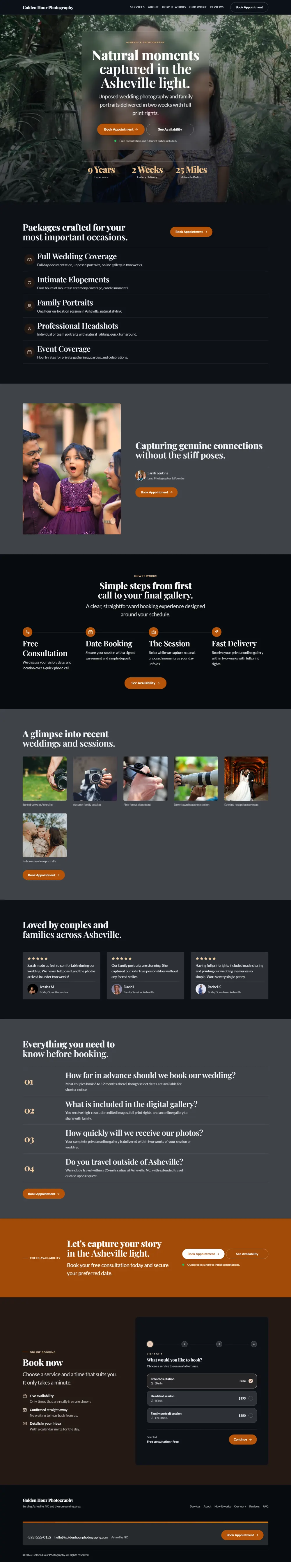 Dark photography website template, the whole home page: dark mode throughout, with a glass card over the photo