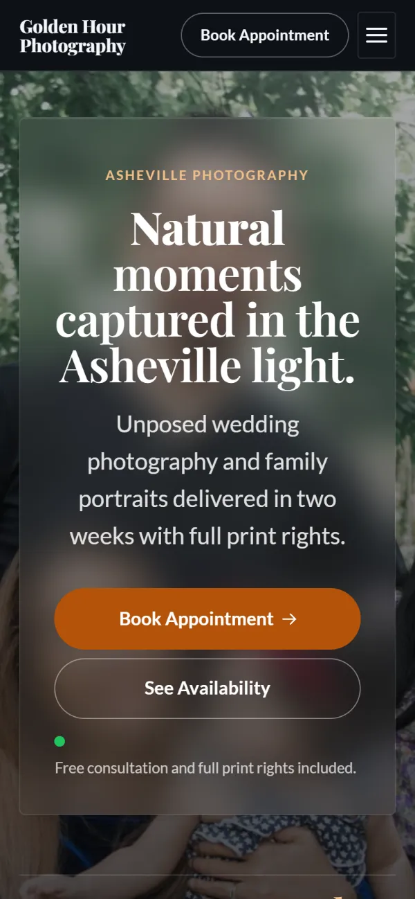 Dark photography website template on a phone: dark mode throughout, with a glass card over the photo