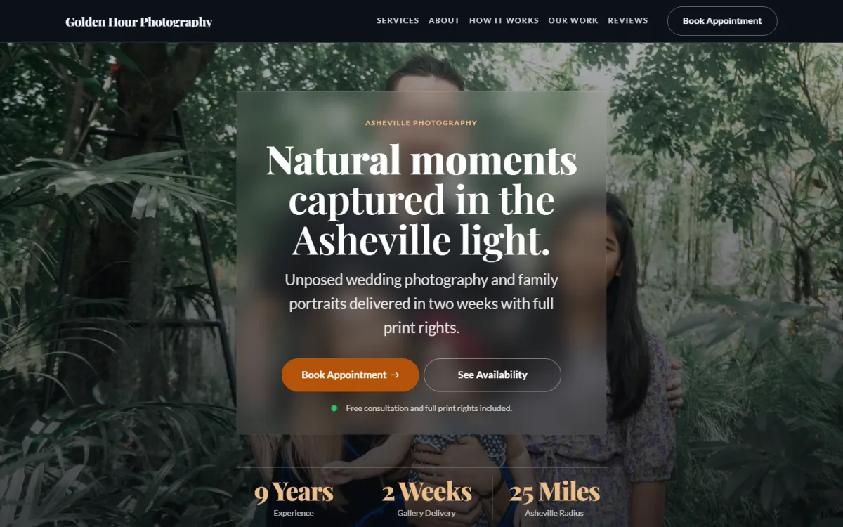 Dark photography website template: dark mode throughout, with a glass card over the photo