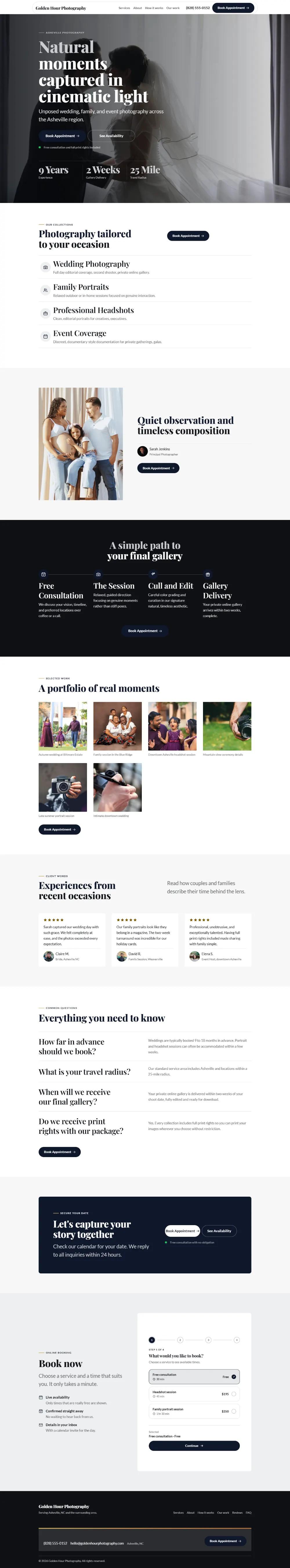 Luxury photography website template, the whole home page: dark and understated, with a serif headline over a full-width photo