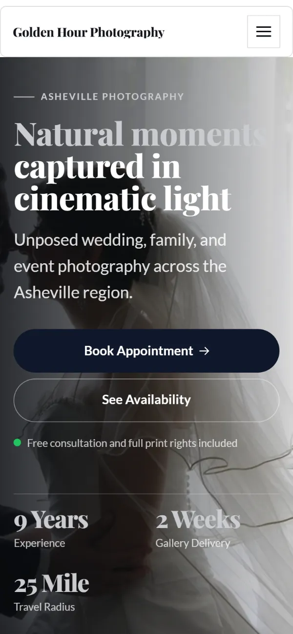 Luxury photography website template on a phone: dark and understated, with a serif headline over a full-width photo