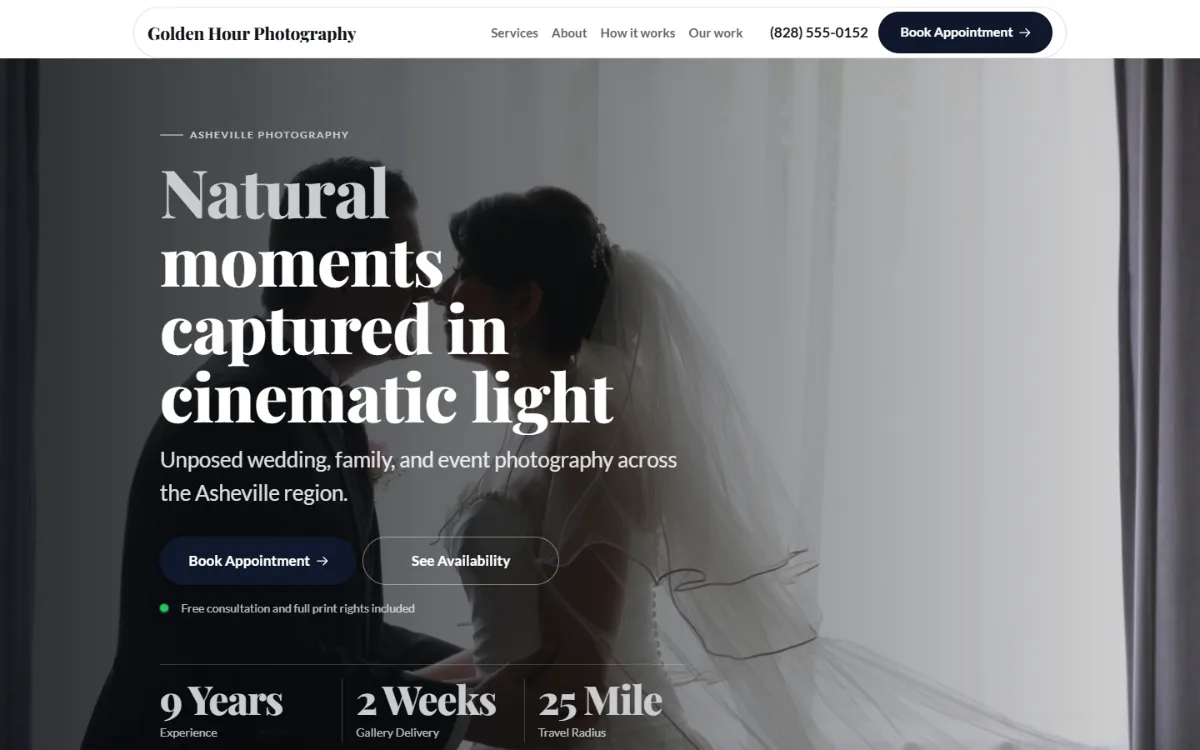 Luxury photography website template: dark and understated, with a serif headline over a full-width photo