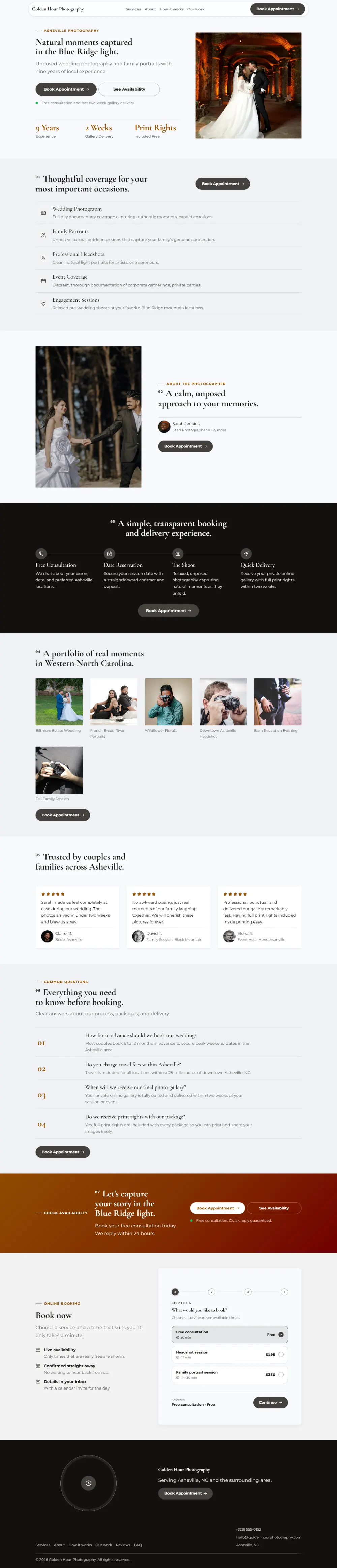 Professional photography website template, the whole home page: clean and structured, with a photo beside the headline