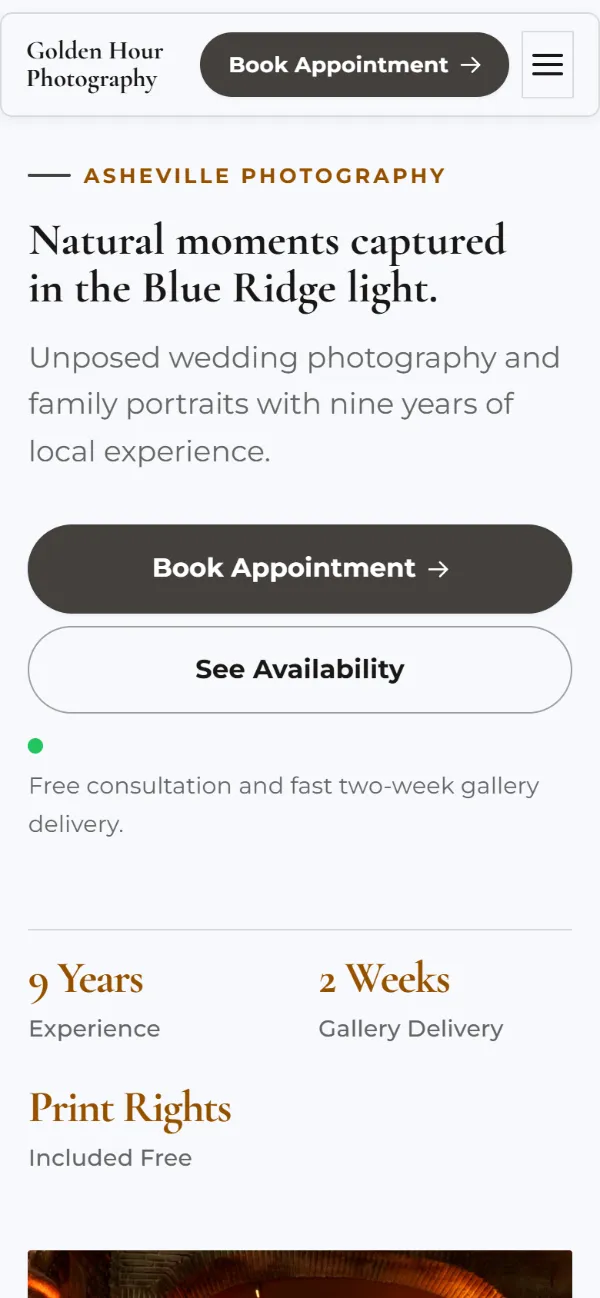Professional photography website template on a phone: clean and structured, with a photo beside the headline