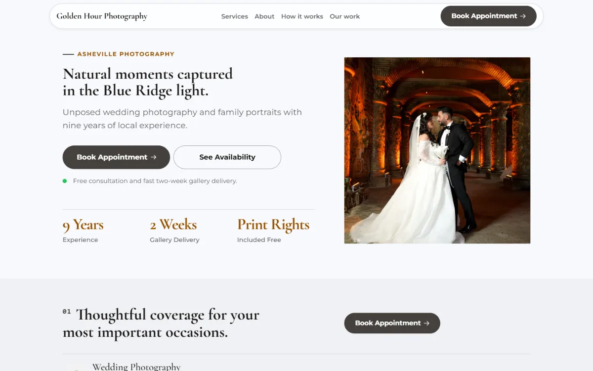 Professional photography website template: clean and structured, with a photo beside the headline
