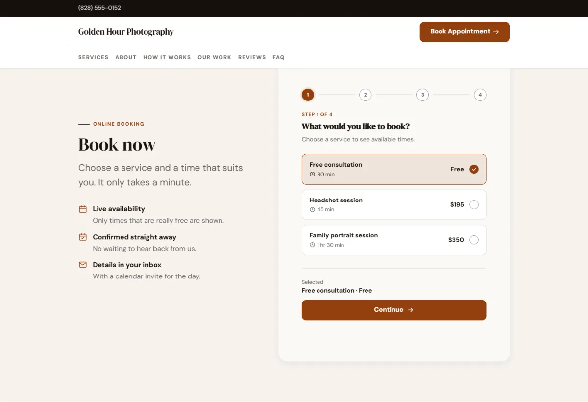 Online booking form on the Warm photography website template: customers choose a service, then a free time