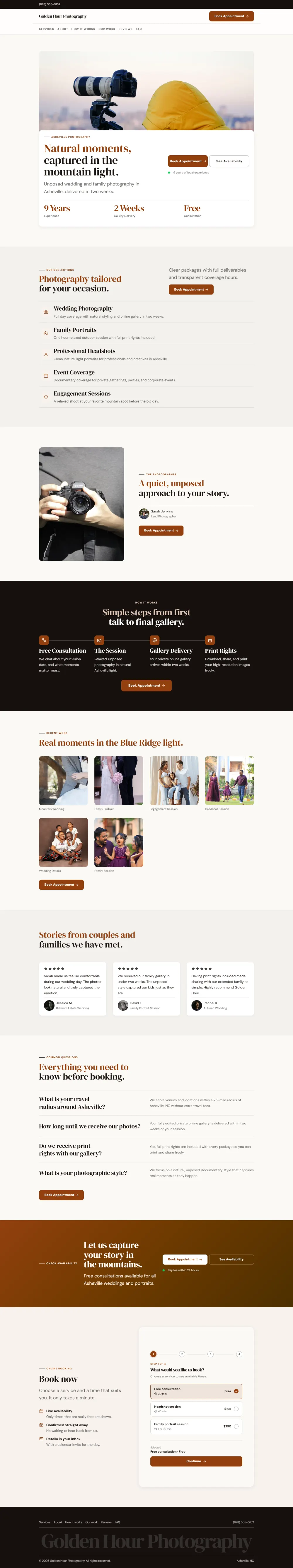 Warm photography website template, the whole home page: soft cards and warm colours under a wide photo