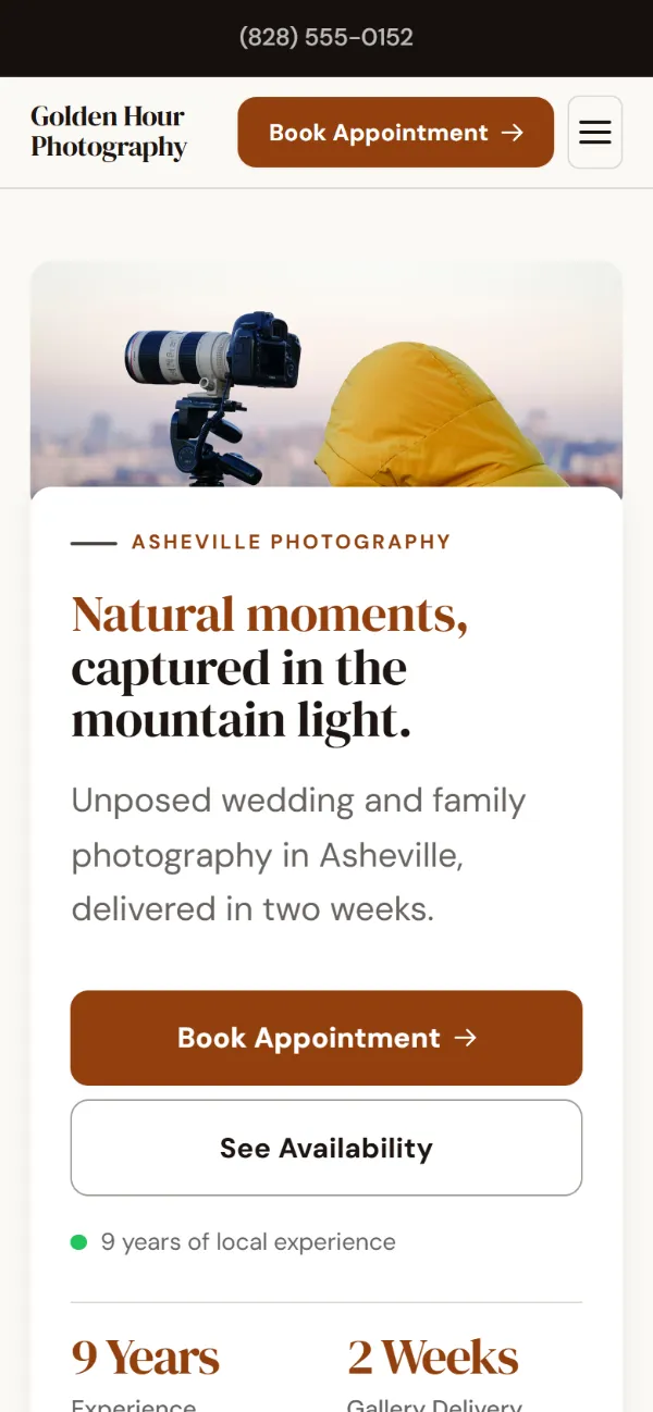 Warm photography website template on a phone: soft cards and warm colours under a wide photo