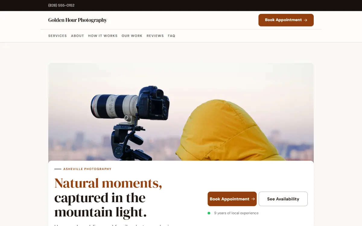 Warm photography website template: soft cards and warm colours under a wide photo