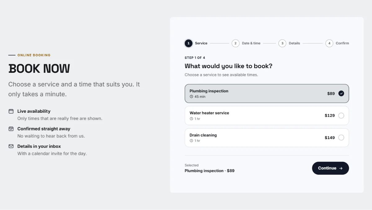 Online booking form on the Bold plumbing website template: customers choose a service, then a free time