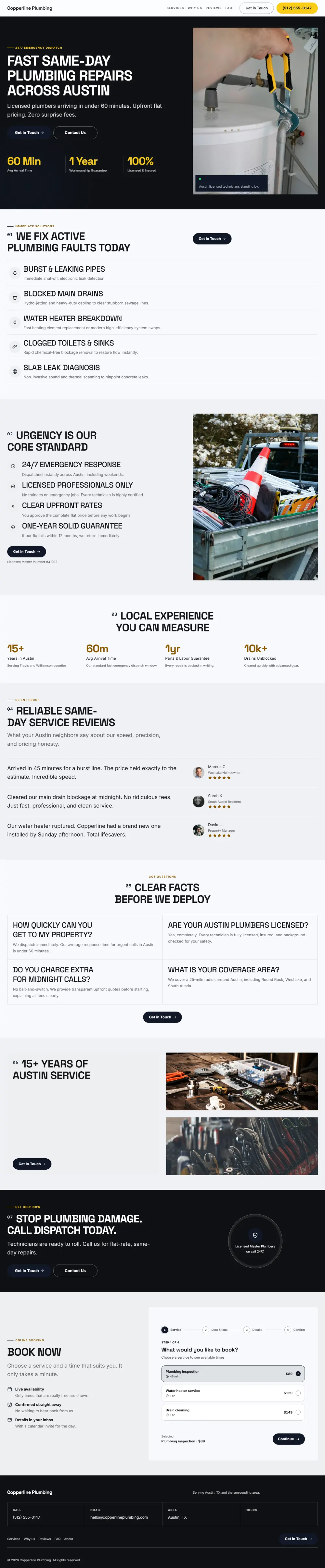 Bold plumbing website template, the whole home page: black, white and safety yellow with big capital headlines