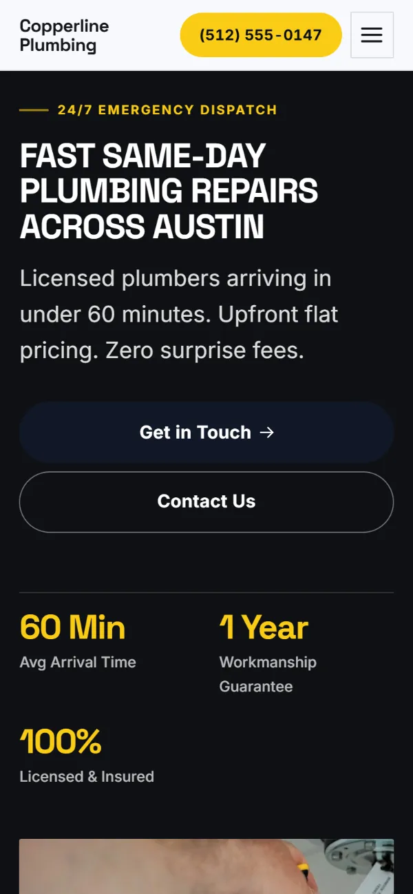 Bold plumbing website template on a phone: black, white and safety yellow with big capital headlines