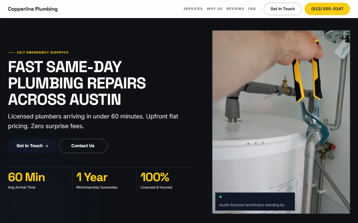 Bold plumbing website template: black, white and safety yellow with big capital headlines