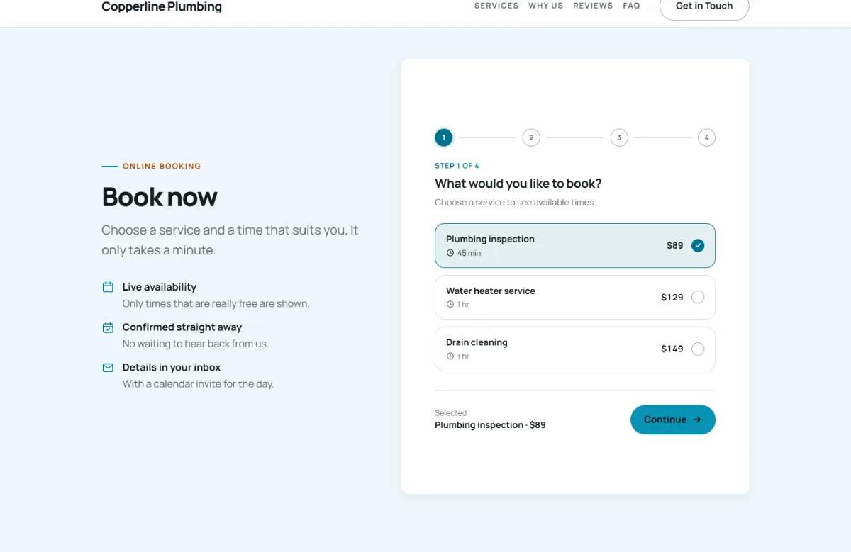 Online booking form on the Bright plumbing website template: customers choose a service, then a free time
