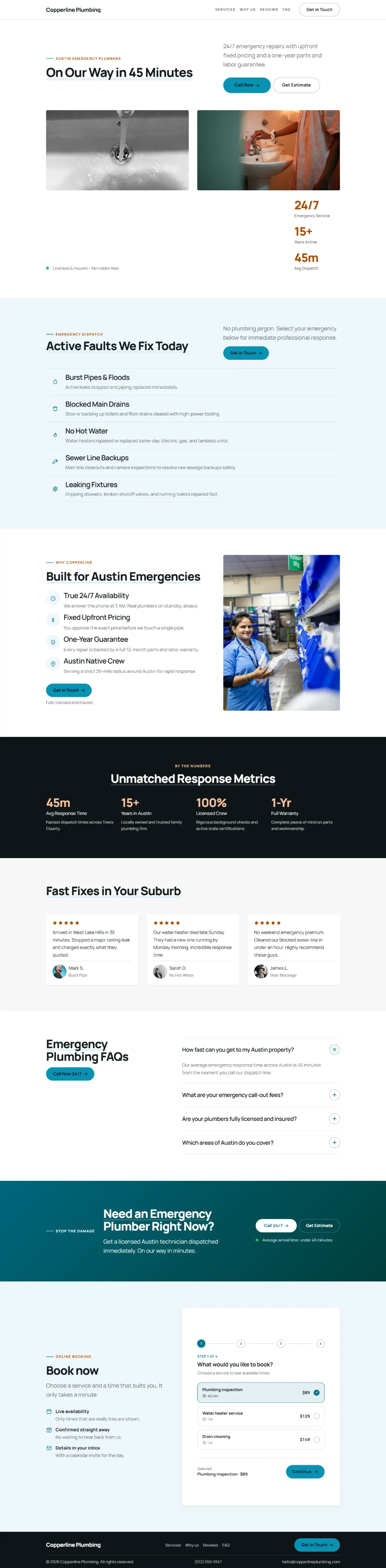 Bright plumbing website template, the whole home page: fresh teal and orange with lively sections