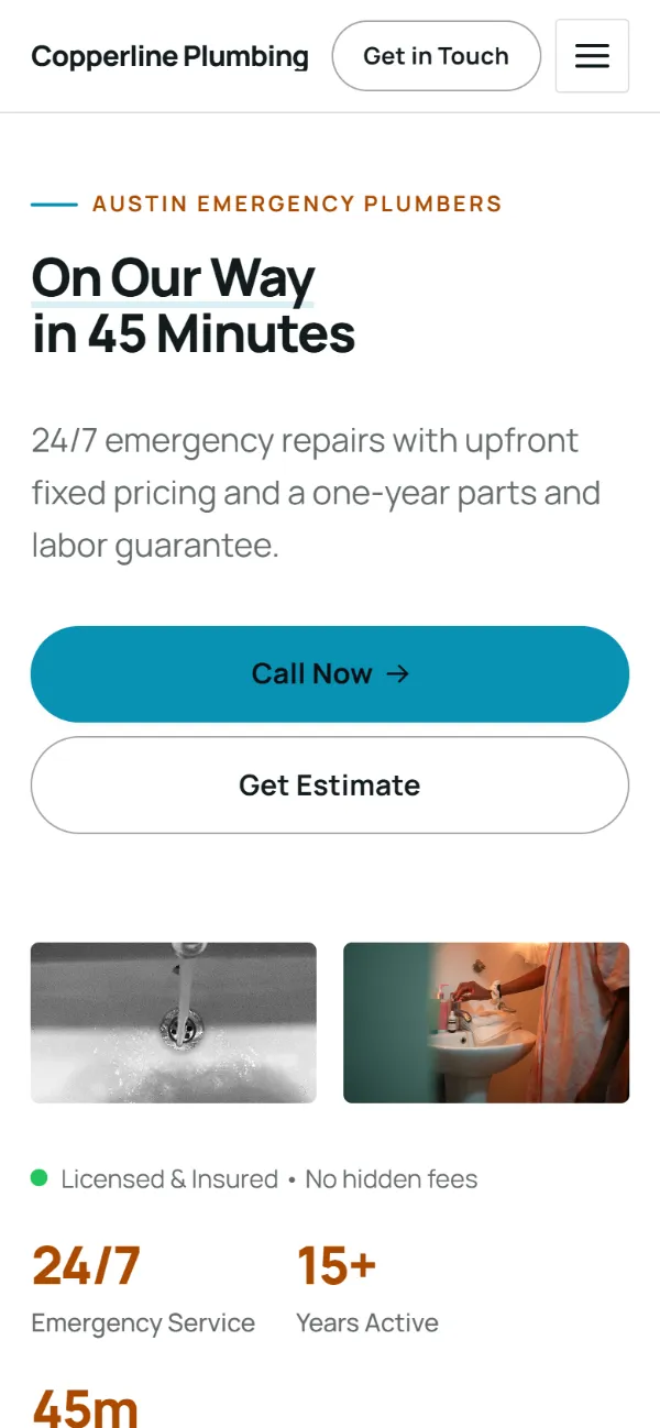 Bright plumbing website template on a phone: fresh teal and orange with lively sections