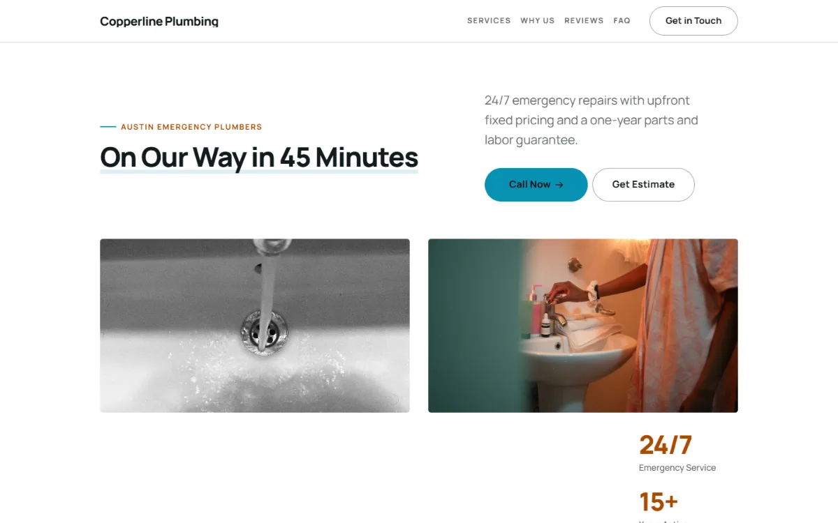 Bright plumbing website template: fresh teal and orange with lively sections