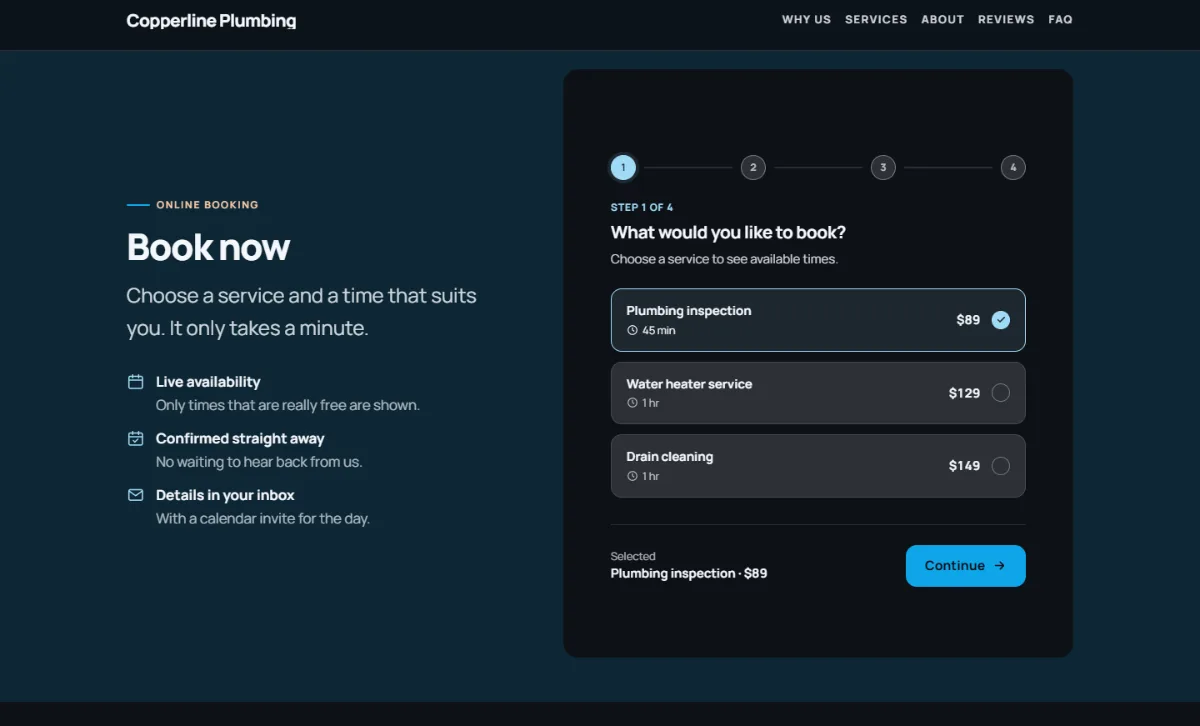 Online booking form on the Dark plumbing website template: customers choose a service, then a free time