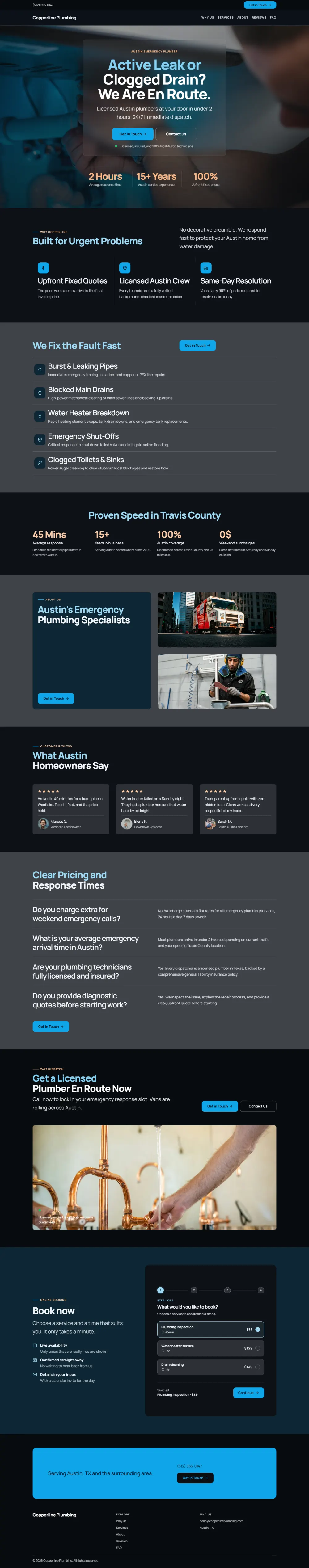 Dark plumbing website template, the whole home page: dark background with bright blue accents