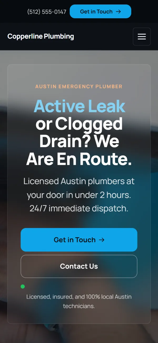 Dark plumbing website template on a phone: dark background with bright blue accents