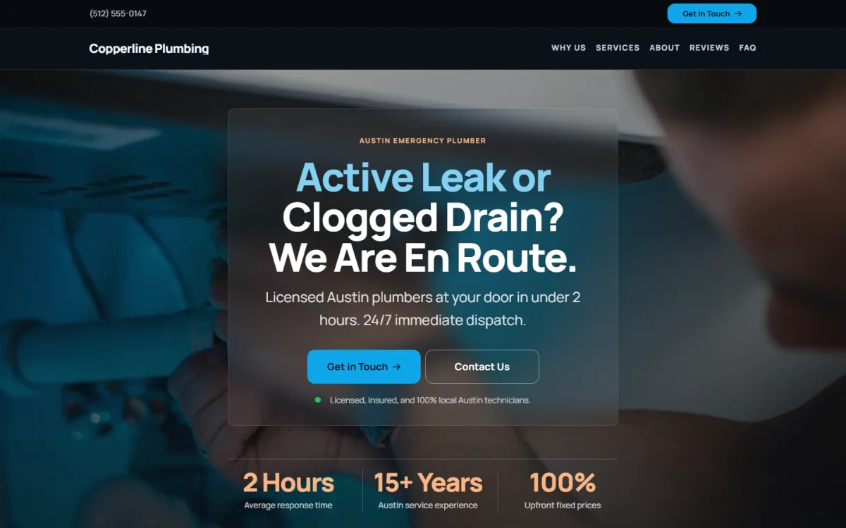 Dark plumbing website template: dark background with bright blue accents