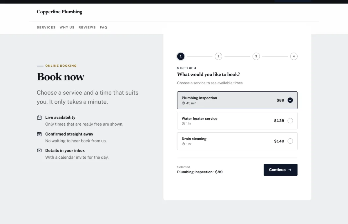 Online booking form on the Luxury plumbing website template: customers choose a service, then a free time