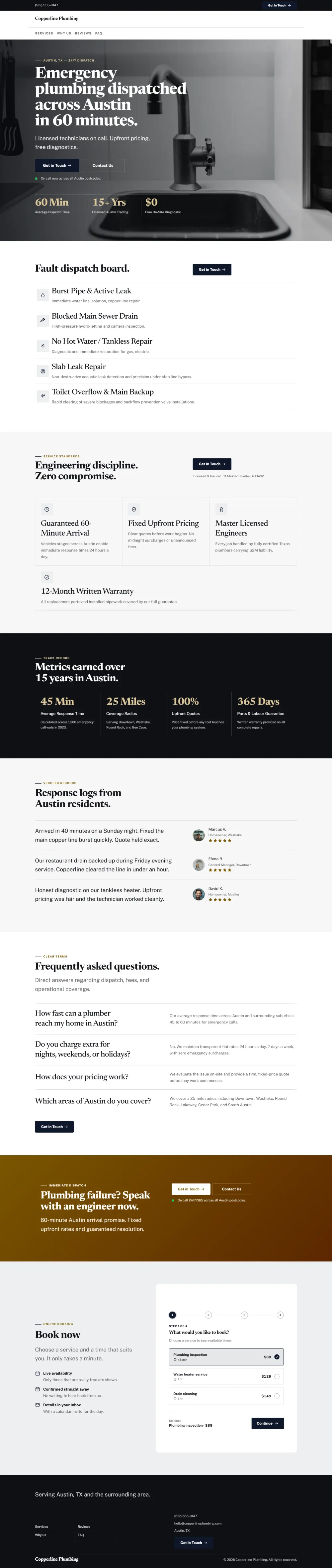 Luxury plumbing website template, the whole home page: dark and understated with a serif headline over a full-width photo