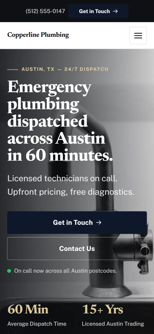 Luxury plumbing website template on a phone: dark and understated with a serif headline over a full-width photo