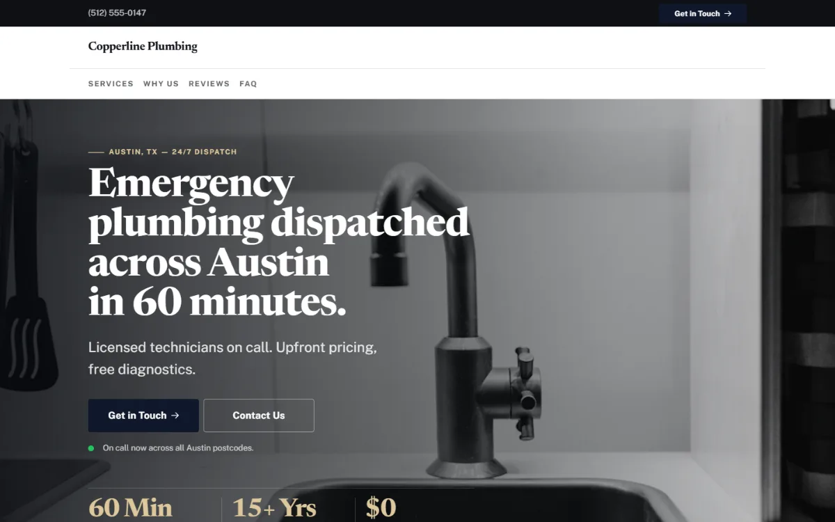 Luxury plumbing website template: dark and understated with a serif headline over a full-width photo