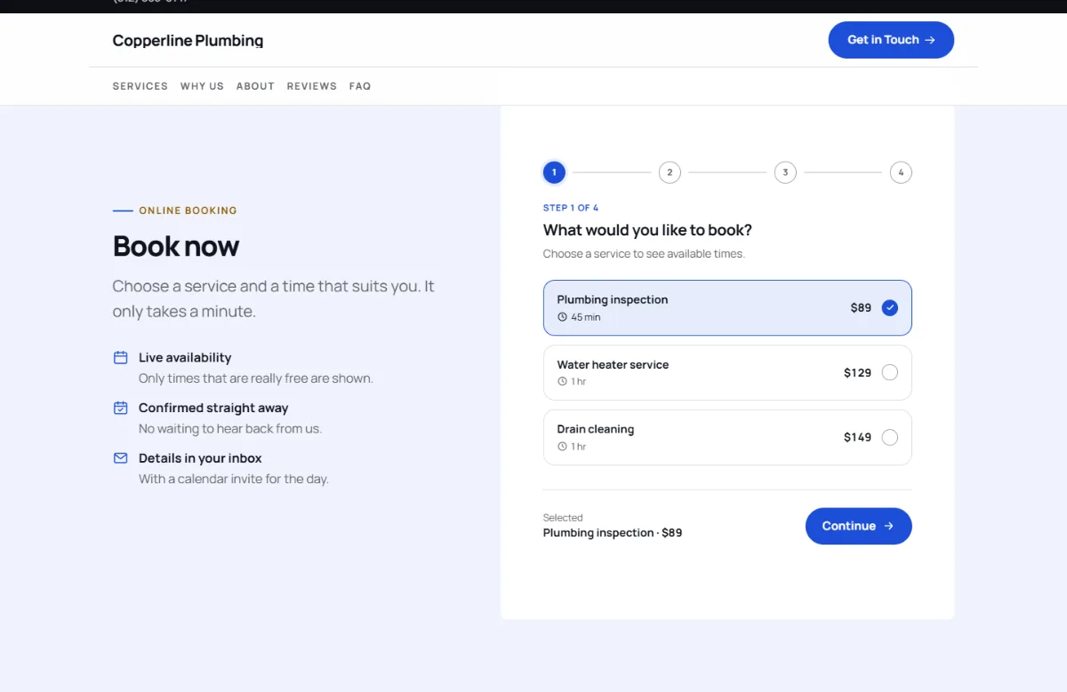 Online booking form on the Professional plumbing website template: customers choose a service, then a free time