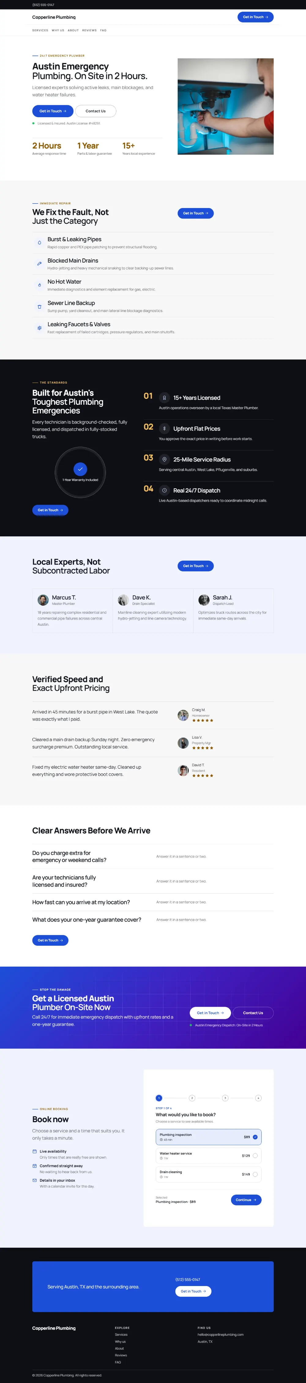 Professional plumbing website template, the whole home page: clean blue and white with a clear grid