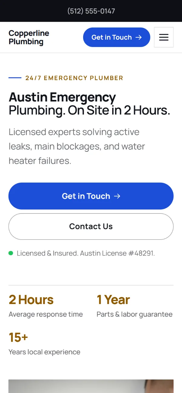 Professional plumbing website template on a phone: clean blue and white with a clear grid
