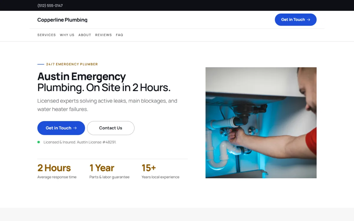 Professional plumbing website template: clean blue and white with a clear grid