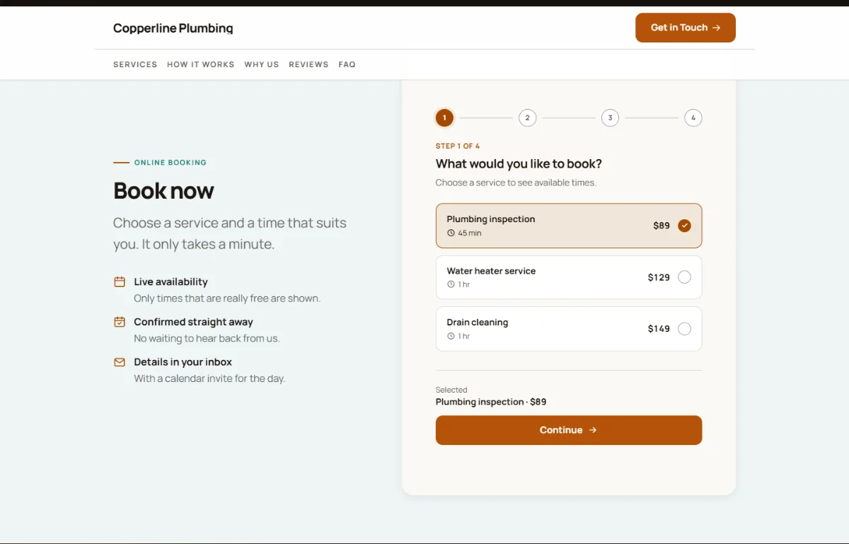 Online booking form on the Warm plumbing website template: customers choose a service, then a free time