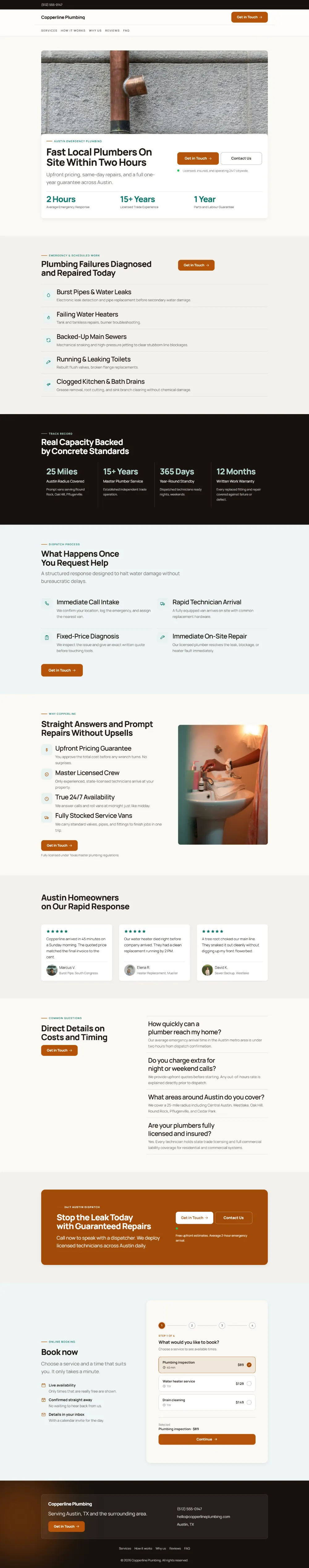 Warm plumbing website template, the whole home page: copper and cream with rounded cards